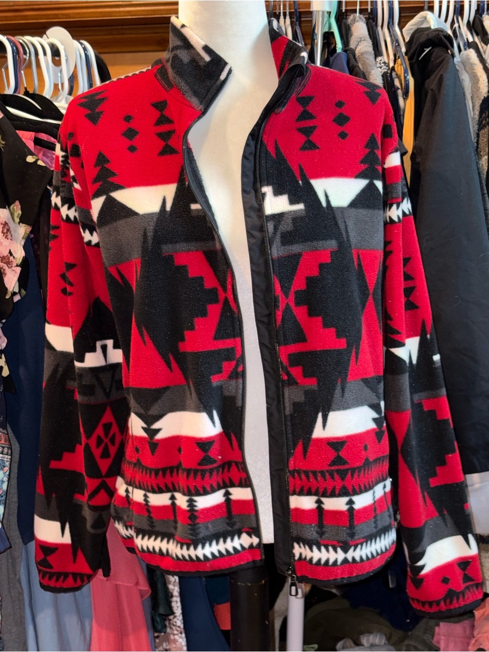Ralph Lauren Red and Black Patterned Fleece Jacket - LRL Lauren Active